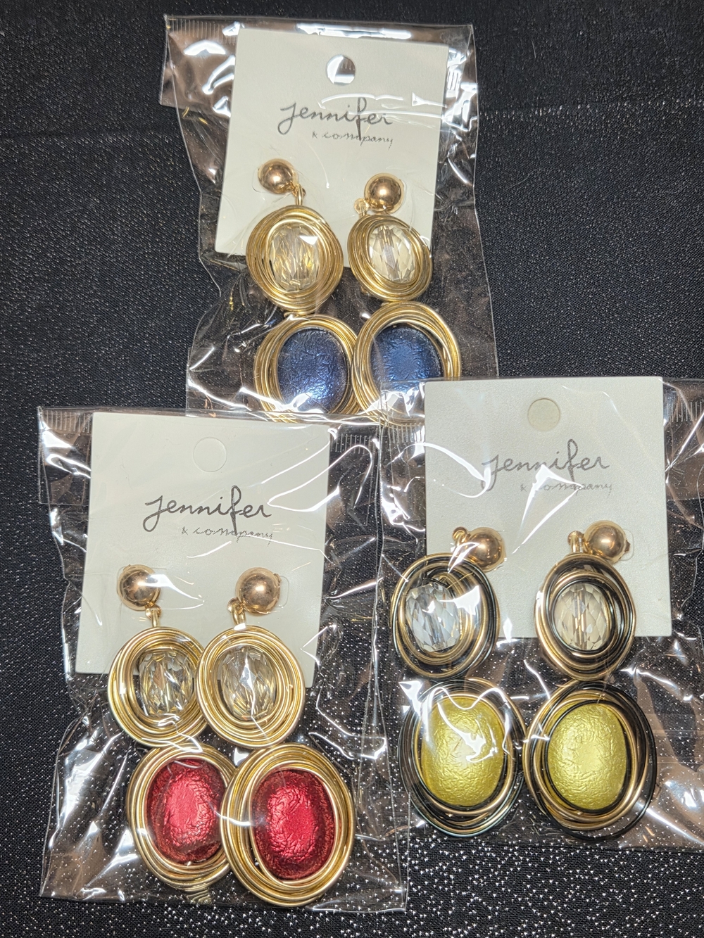 Jennifer & Company Gold-Trim Oval Drop Earrings in Blue, Red, and Yellow